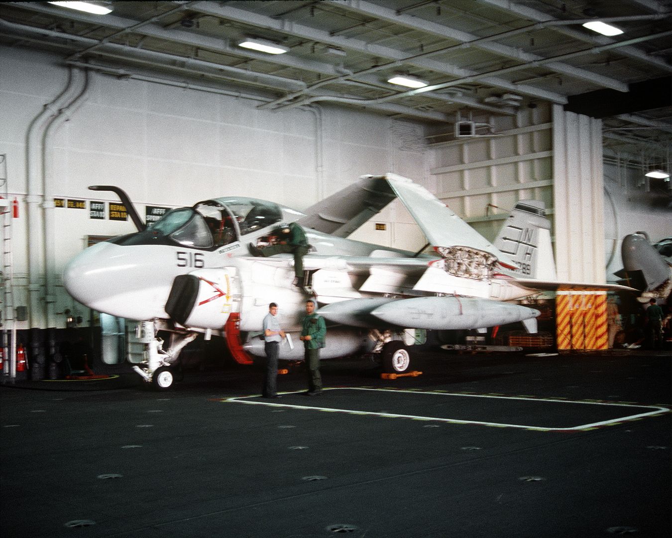 An Attack Squadron 95 KA 6D Intruder Aircraft Is Chocked In The Hangar Bay Aboard The Nuclear Powered Aircraft Carrier USS ABRAHAM LINCOLN