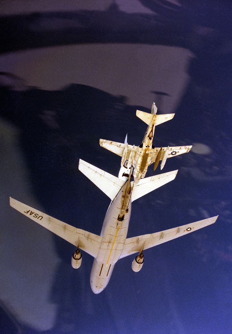 An Underside View Of An Air Force KC 10A Extender Aircraft Refueling A KA 6D Intruder Aircraft Of Attack Squadron 65 During Exercise Bright Star 83