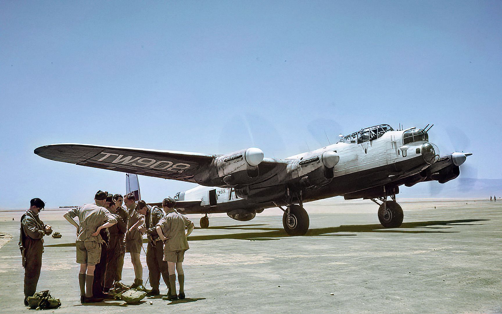 Avro Lancaster B Mk I TW908 From No 148 Squadron Prepares To Take Off For A Training Exercise From RAF Shallufa Air Base In Egypt In July 1948 Avro Lancaster B Mk I TW908 From No 148 Squadron Prepares To Take Off For A Training Exercise From RAF Shallufa Air Base In Egypt In July 1948