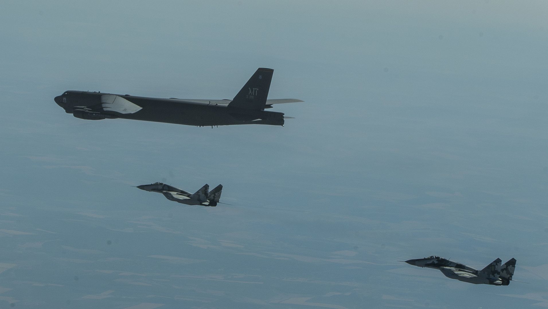 B 52H Stratofortress Assigned To The 5th Bomb Wing At Minot Air Force Base North Dakota Is Escorted By Ukrainian Air Force