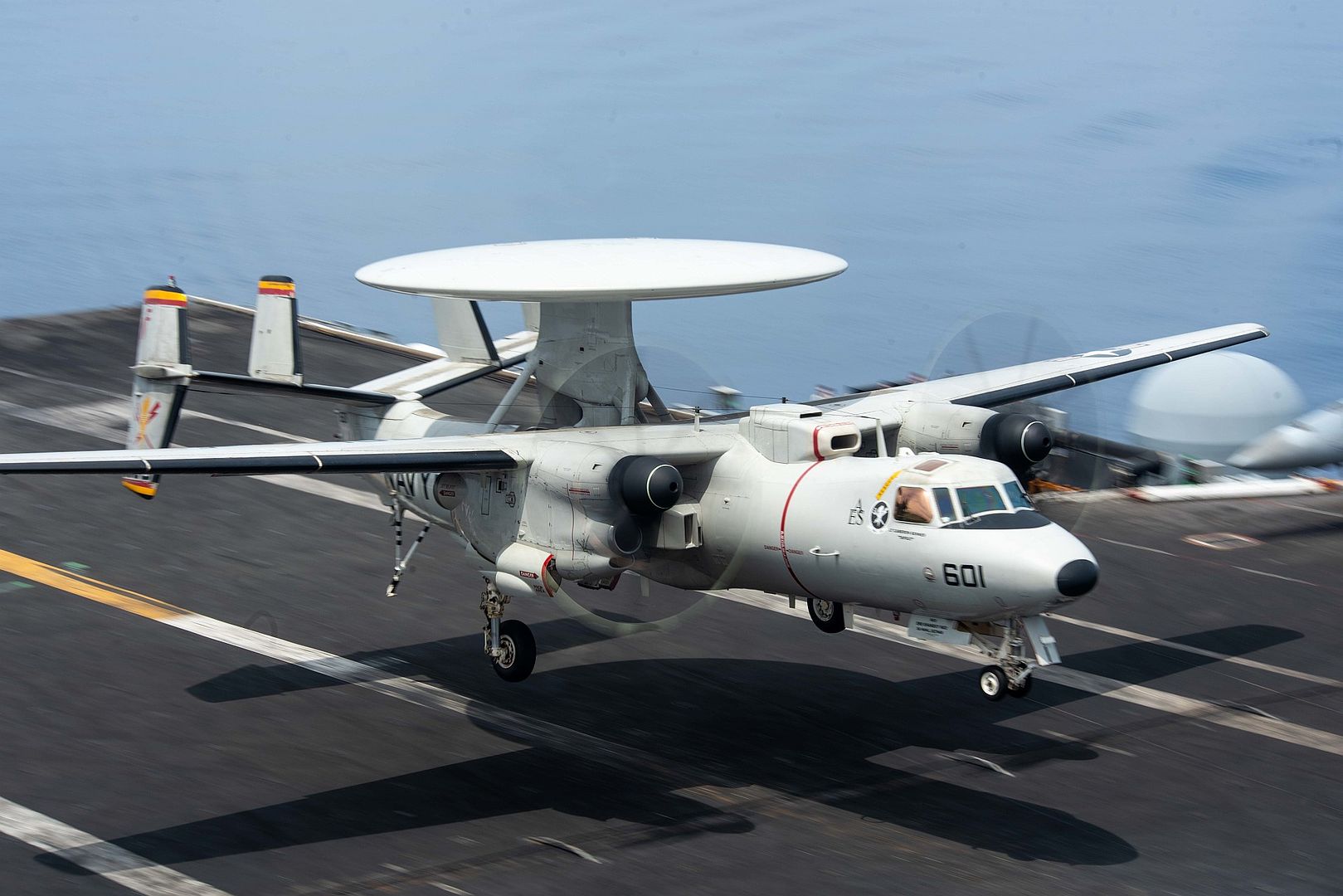2D Hawkeye Attached To The Tiger Tails Of Airborne Early Warning Squadron 125 Lands On USS Ronald Reagan