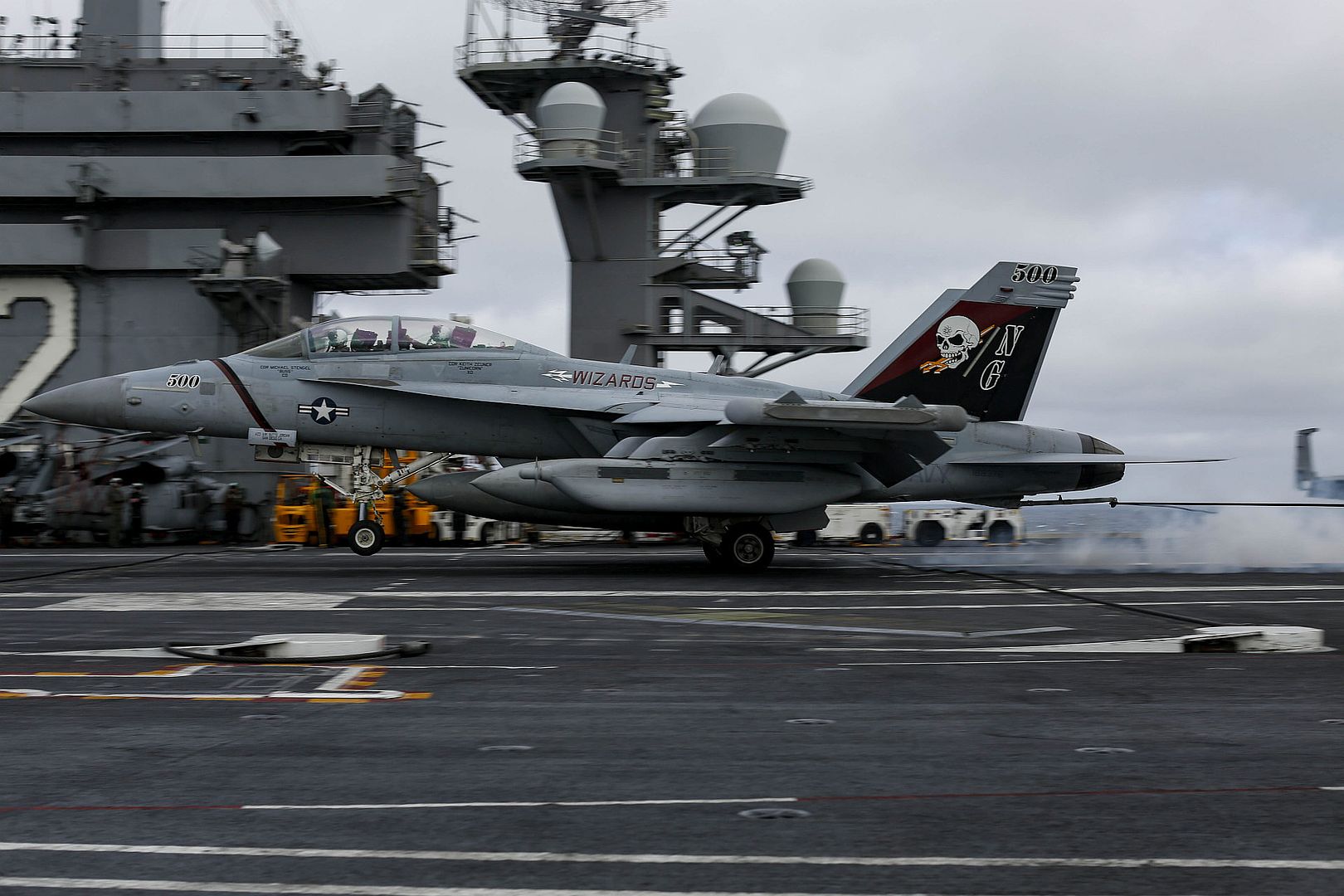 18G Growler Assigned To The Wizards Of Electronic Attack Squadron 133 Makes An Arrested Landing On The Flight Deck Of USS Abraham Lincoln