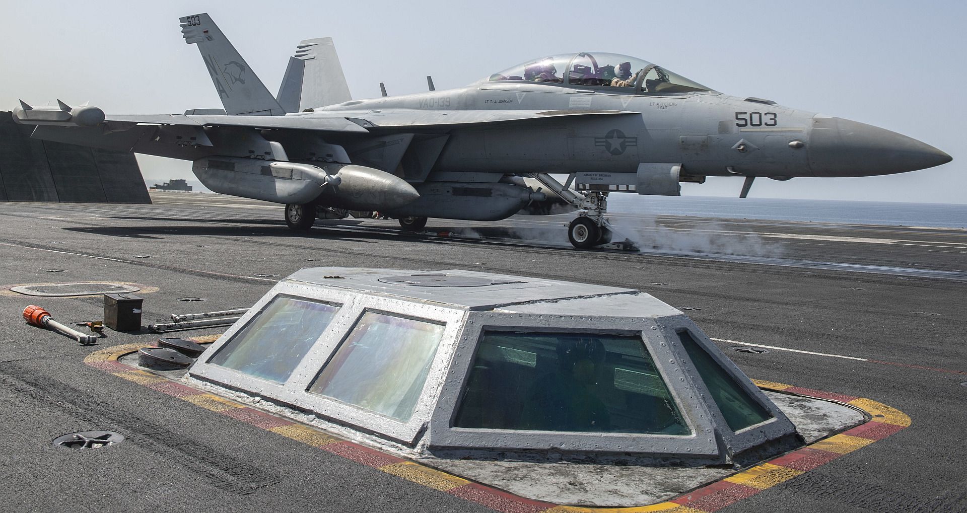 18G Growler From The Cougars Of Electronic Attack Squadron VAQ 139 Launches Off The Flight Deck Of The Aircraft Carrier USS Nimitz 18G Growler From The Cougars Of Electronic Attack Squadron VAQ 139 Launches Off The Flight Deck Of The Aircraft Carrier USS Nimitz