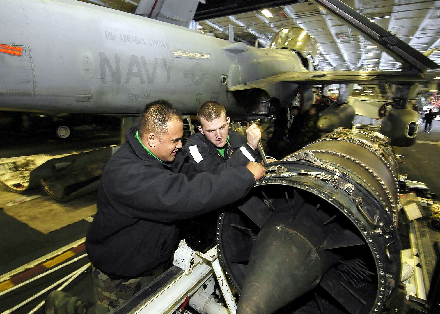 6B Prowler Aircraft Engine Inside The Hangar Bay Of The Nimitz Class Aircraft Carrier USS ABRAHAM LINCOLN