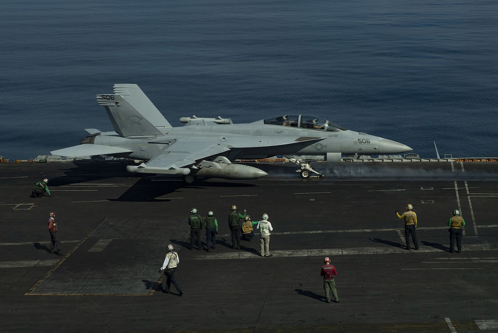 EA 18G Growler From The Cougars Of Electronic Attack Squadron VAQ 139 Launches Off The Flight Deck Of The Aircraft Carrier USS Nimitz