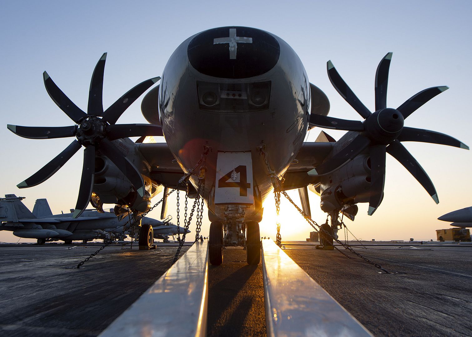 E 2C Hawkeye From The Sun Kings Of Carrier Early Warning Squadron VAW 116 Rests On The Flight Deck Of The Aircraft Carrier USS Nimitz