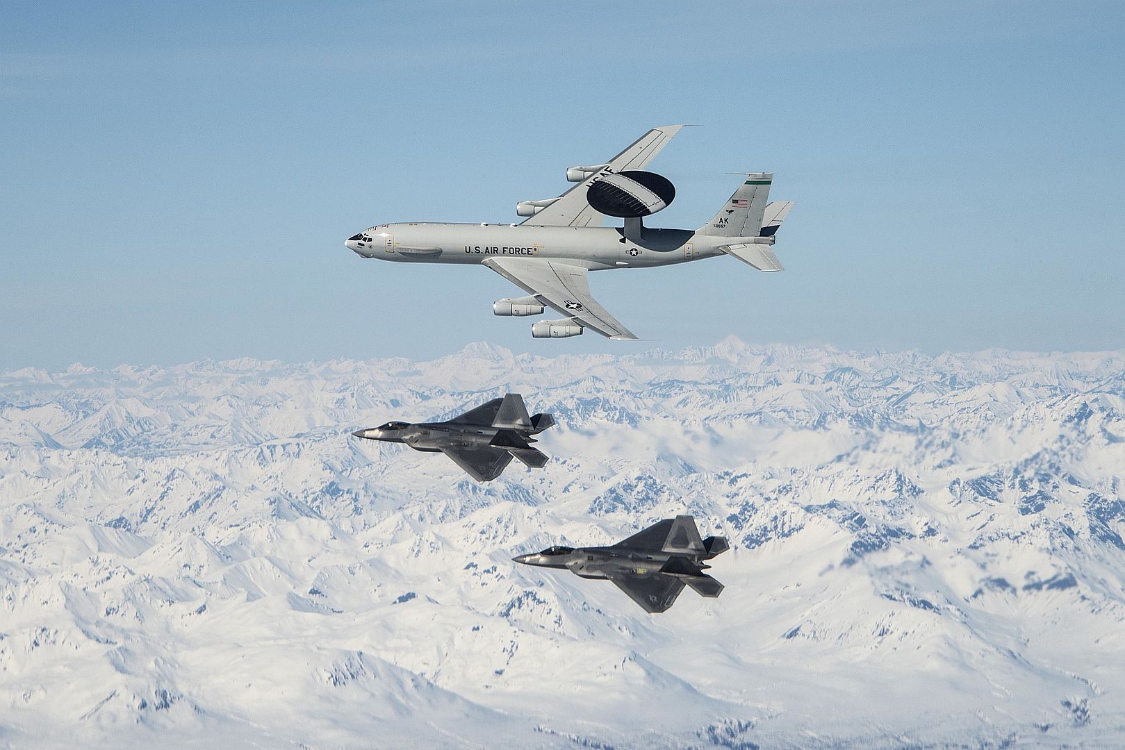 E 3 Sentry And Two F 22 Raptors Assigned To Joint Base Elmendorf Richardson