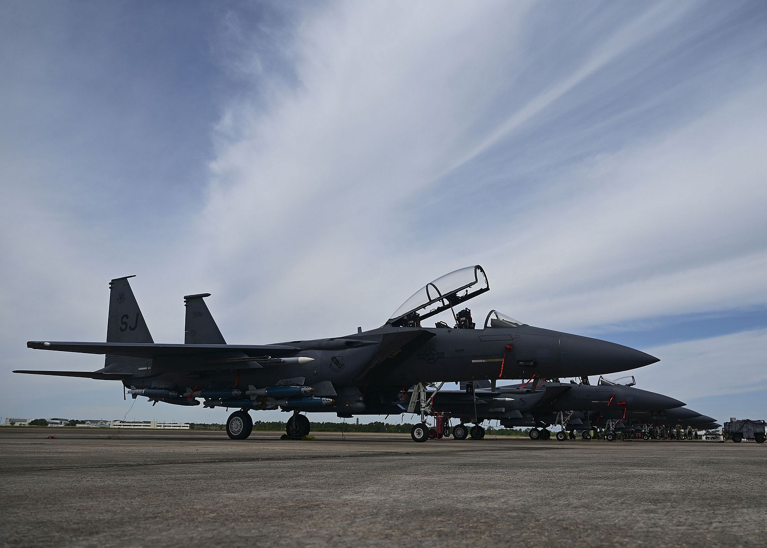 15E Strike Eagle Aircraft Assigned To 4th Fighter Wing Arrive At The Combat Readiness Training Center Gulfport Mississippi April 18 2023 During Exercise Southern Strike 2023