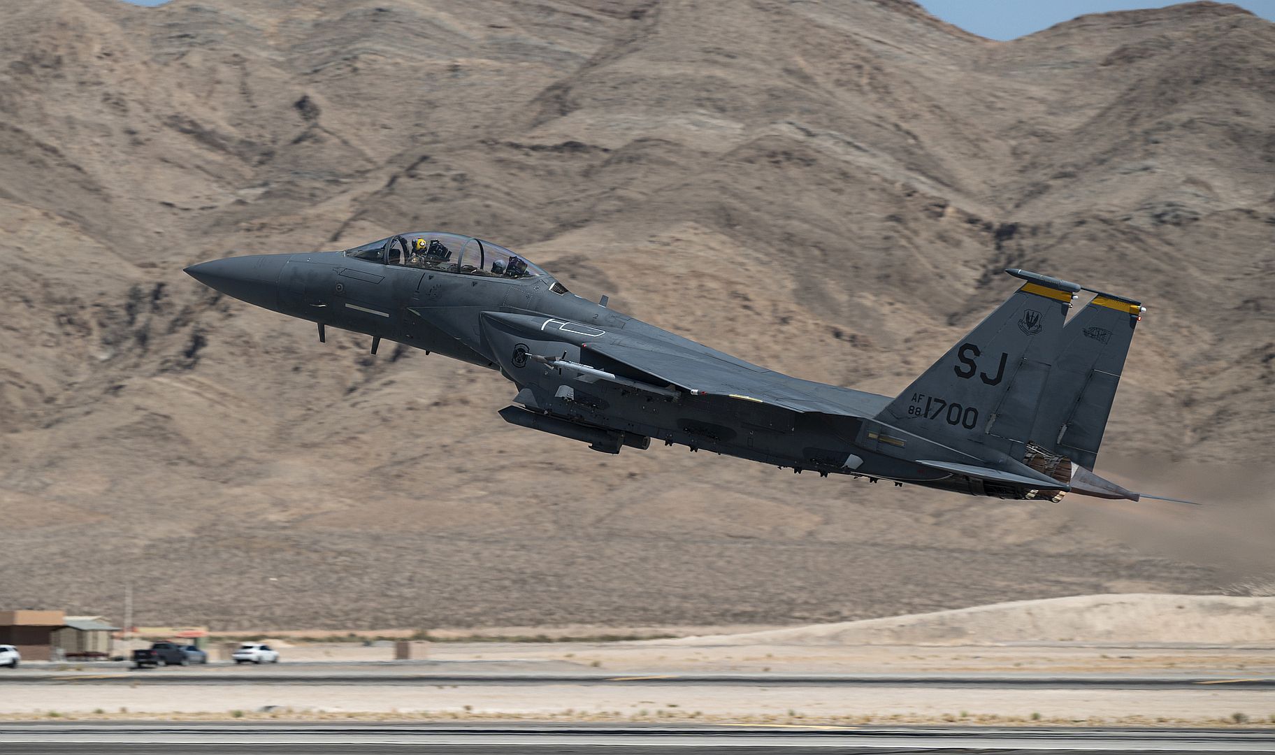 15E Strike Eagle Assigned To The 4th Fighter Wing Seymour Johnson Air Force Base North Carolina Takes Off For A Mission At Nellis Air Force Base Nevada July 11 2022 15E Strike Eagle Assigned To The 4th Fighter Wing Seymour Johnson Air Force Base North Carolina Takes Off For A Mission At Nellis Air Force Base Nevada July 11 2022