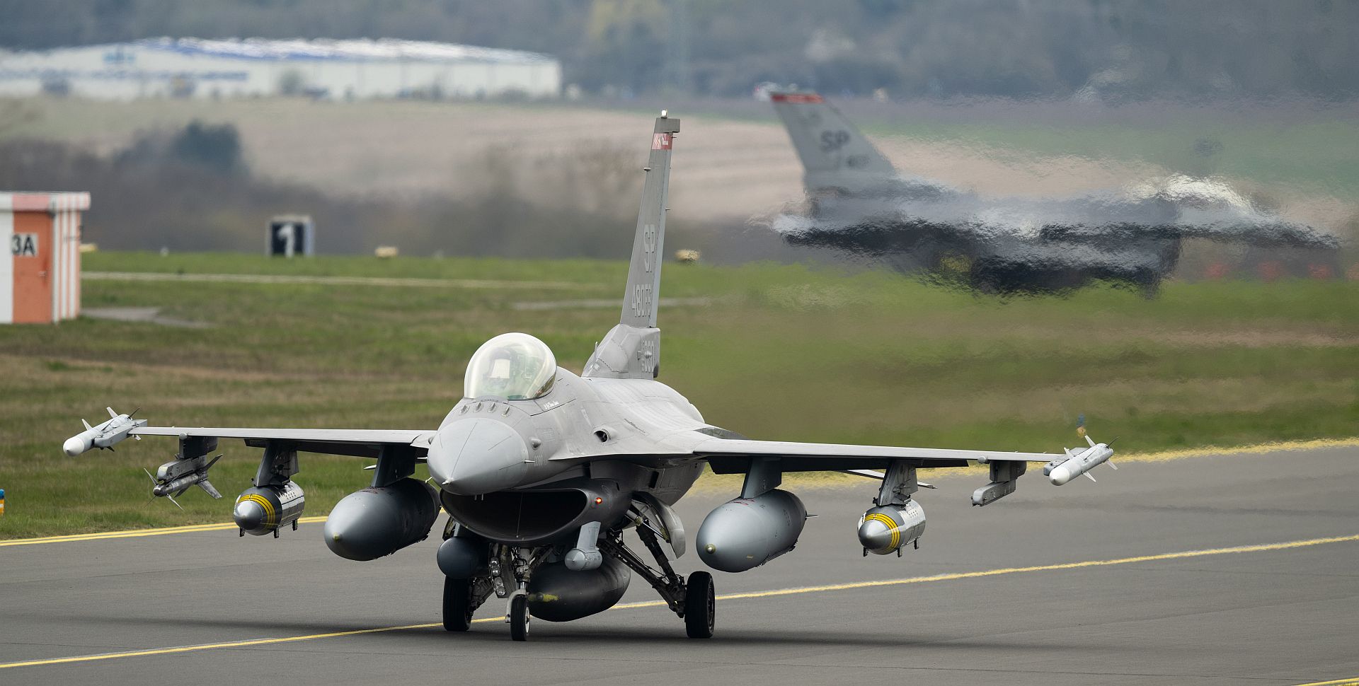 16CM Fighting Falcons From The 480th Fighter Squadron Taxi After Landing Back At Spangdahlem Air Base Germany April 10 2023 16CM Fighting Falcons From The 480th Fighter Squadron Taxi After Landing Back At Spangdahlem Air Base Germany April 10 2023