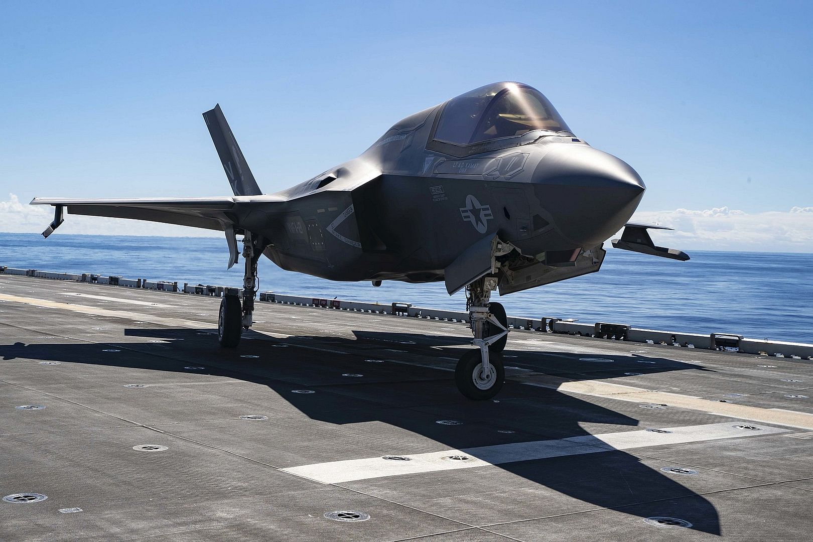 35B Lightning II Aircraft Assigned To Marine Medium Tiltrotor Squadron 262 Taxis On The Flight Deck Aboard Amphibious Assault Carrier USS Tripoli 35B Lightning II Aircraft Assigned To Marine Medium Tiltrotor Squadron 262 Taxis On The Flight Deck Aboard Amphibious Assault Carrier USS Tripoli