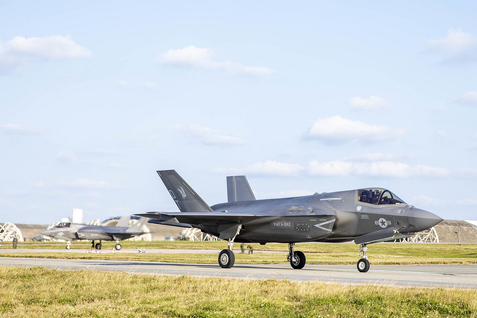 35B Lightning II Aircraft With Marine Fighter Attack Squadron 242 Taxi The Flight Line Prior To Taking Off During An Expeditionary Advanced Base Operation Exercise At Kadena Air Force Base Okinawa 35B Lightning II Aircraft With Marine Fighter Attack Squadron 242 Taxi The Flight Line Prior To Taking Off During An Expeditionary Advanced Base Operation Exercise At Kadena Air Force Base Okinawa