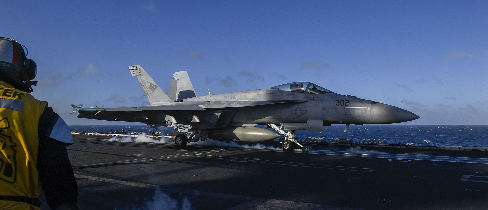 18E Super Hornet Assigned To The Blue Diamonds Of Strike Fighter Squadron 146 Launches From The Flight Deck Of The Aircraft Carrier USS Theodore Roosevelt