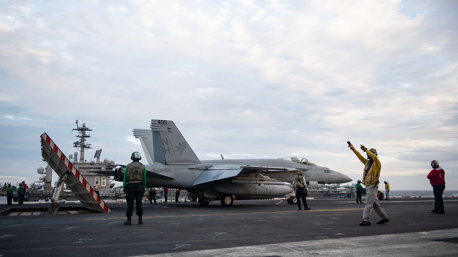 18E Super Hornet Assigned To The Golden Warriors Of Strike Fighter Squadron VFA 87 For Launch From The Flight Deck Of The Aircraft Carrier USS Theodore Roosevelt