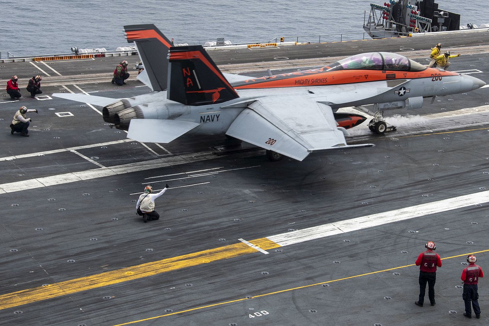 18E Super Hornet From The Mighty Shrikes Of Strike Fighter Squadron 94 Begins To Launch From The Flight Deck Of The Aircraft Carrier USS Nimitz