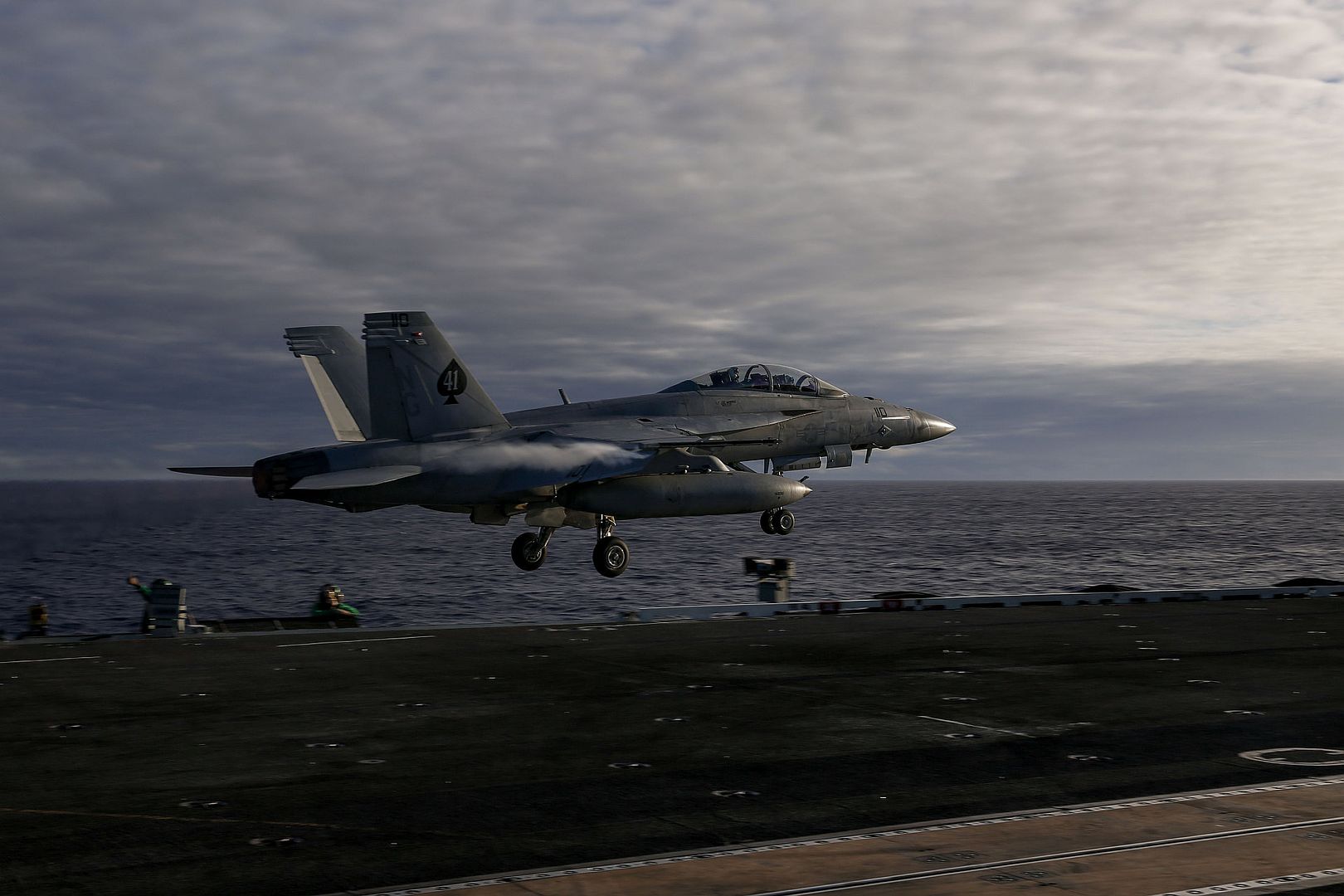 18F Super Hornet Assigned To The Black Aces Of Strike Fighter Squadron VFA 41 Launches From The Flight Deck Of USS Abraham Lincoln