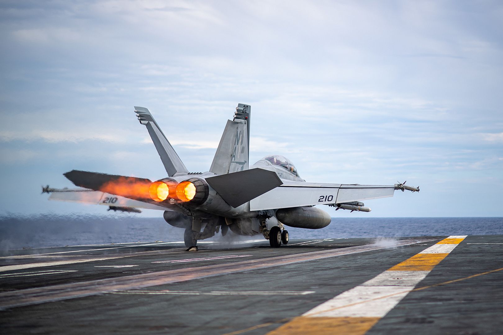 18F Super Hornet From The Mighty Shrikes Of Strike Fighter Squadron 94 Launches From The Flight Deck Of The Aircraft Carrier USS Nimitz