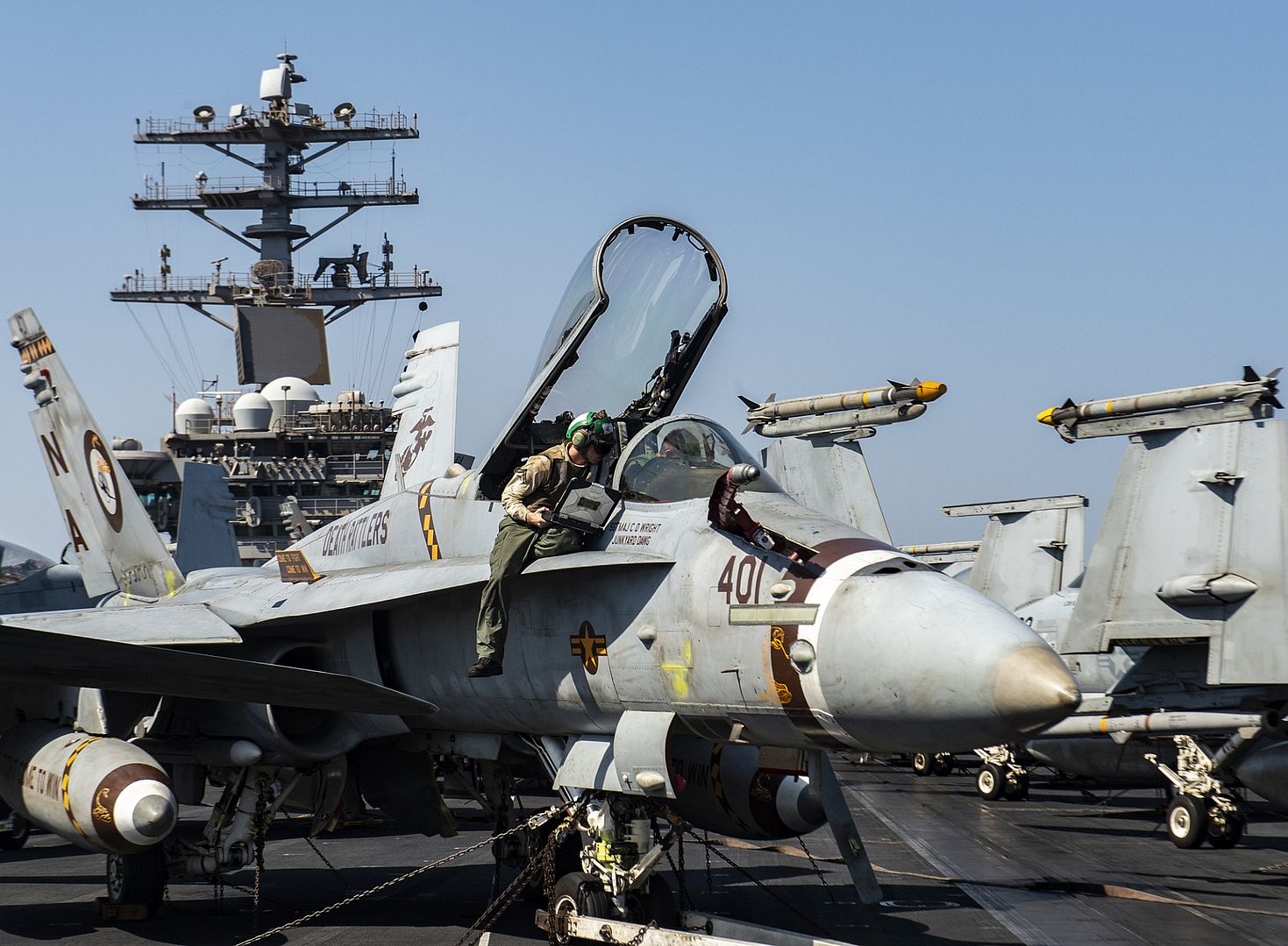 FA 18C Hornet From The Death Rattlers Of Marine Strike Fighter Squadron 22 On The Flight Deck Of The Aircraft Carrier USS Nimitz
