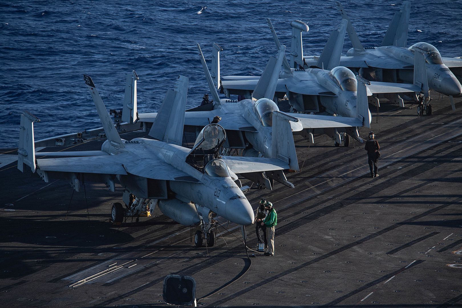 FA 18E F Super Hornet Assigned To The Tomcatters Of Strike Fighter Squadron 31 On The Flight Deck Of The Aircraft Carrier USS Theodore Roosevelt