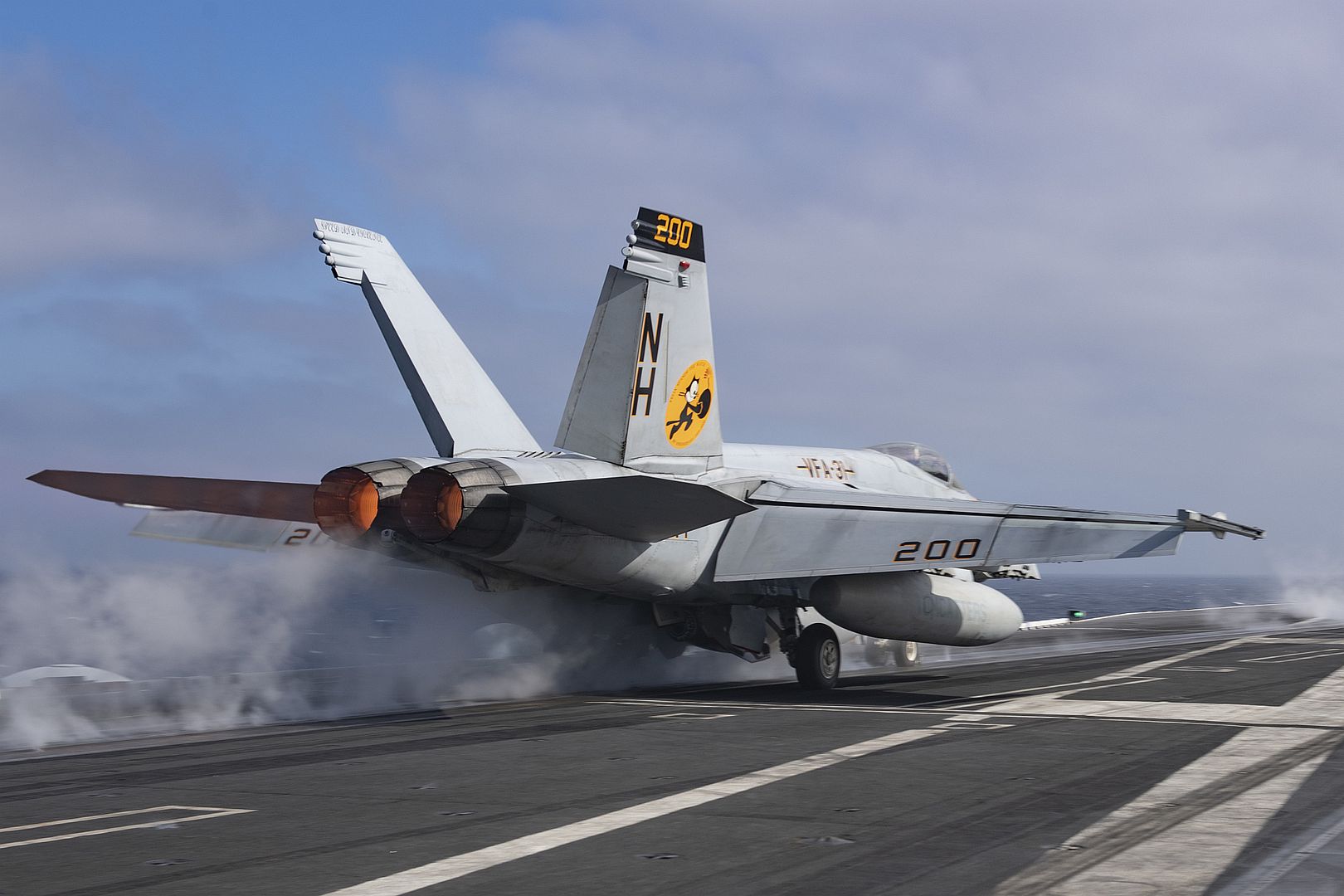 FA 18E Super Hornet Assigned To The Tomcatters Of Strike Fighter Squadron 31 Launches From The Flight Deck Of The Aircraft Carrier USS Theodore Roosevelt
