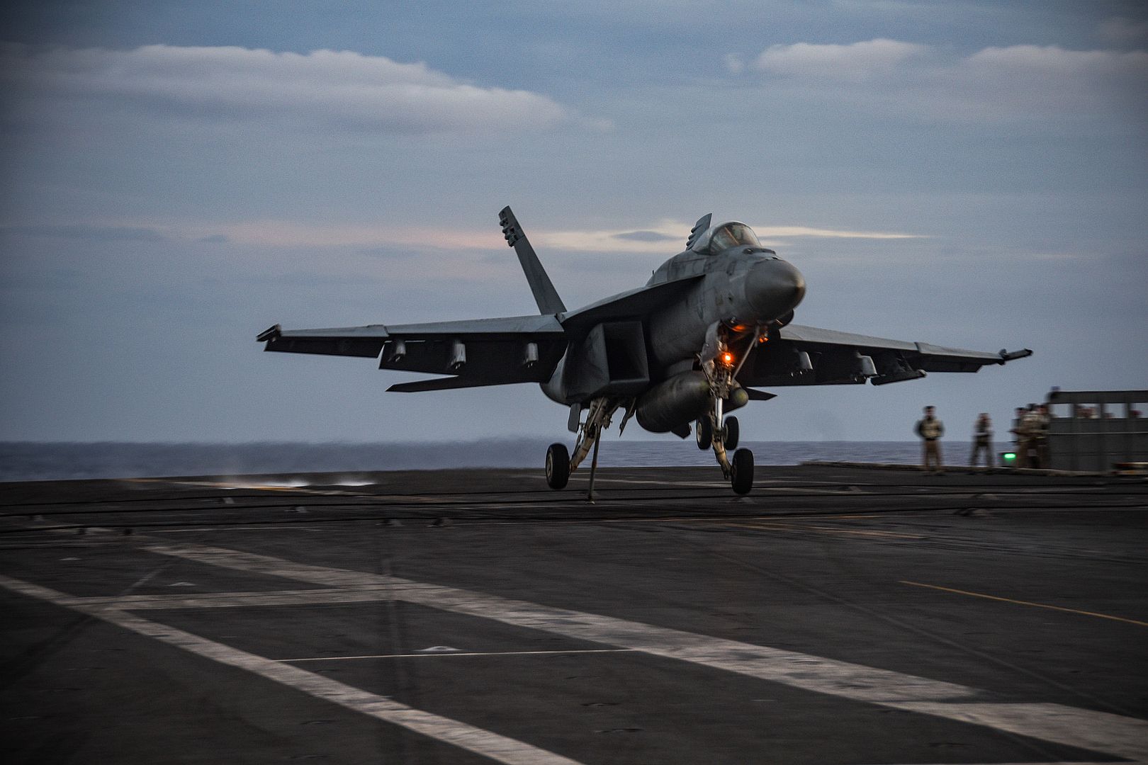 FA 18E Super Hornet Attached To The Dambusters Of Strike Fighter 195 Lands On The Flight Deck Of The Navys Only Forward Deployed Aircraft Carrier USS Ronald Reagan