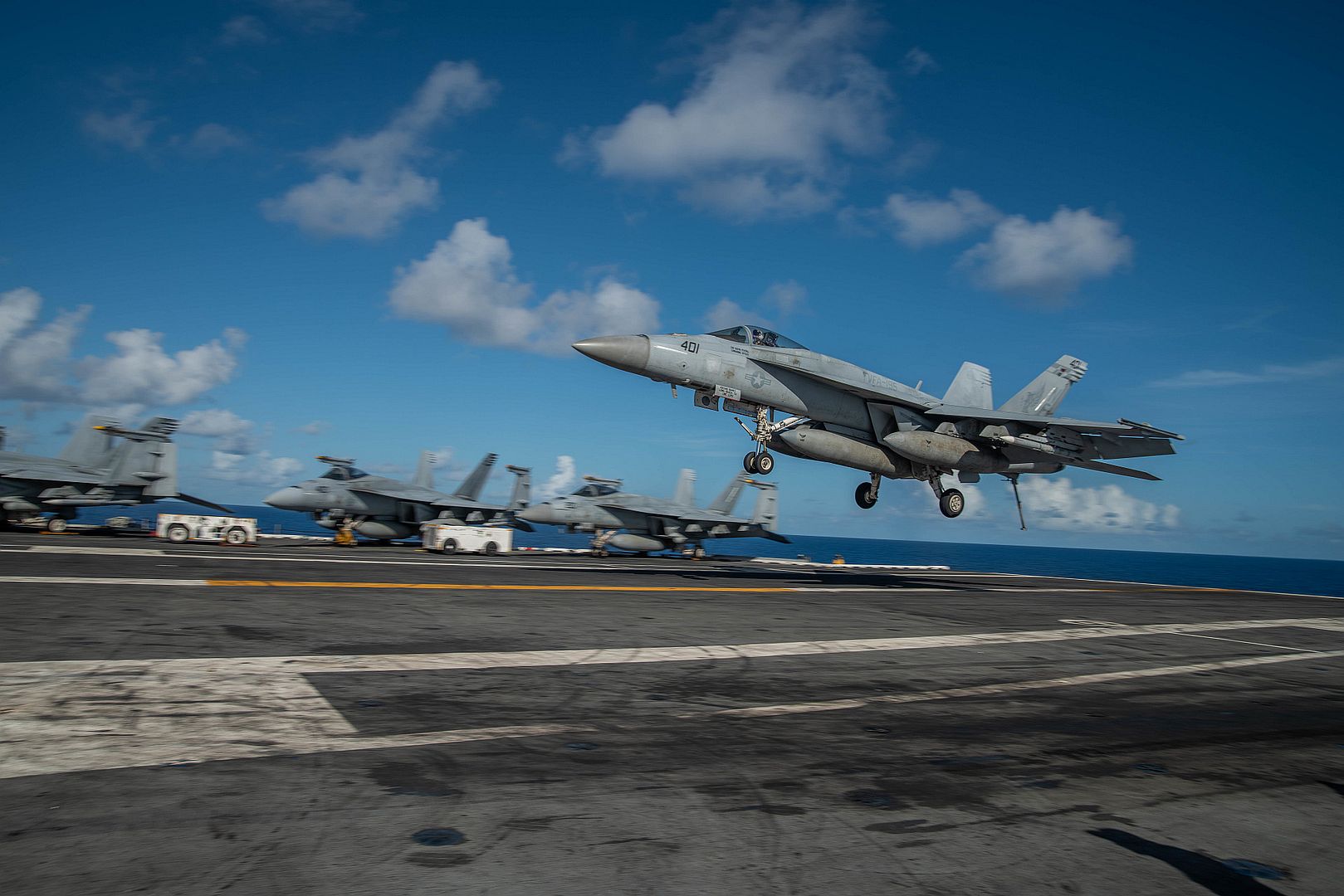 FA 18E Super Hornet Attached To The Dambusters Of Strike Fighter Squadron 195 Lands On The Flight Deck Of The Navy S Only Forward Deployed Aircraft Carrier USS Ronald Reagan