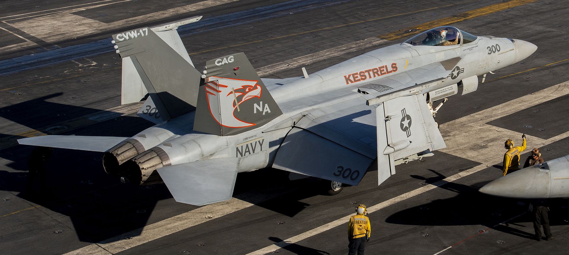 FA 18E Super Hornet From The Kestrels Of Strike Fighter Squadron VFA 137 Taxis Across The Flight Deck Of The Aircraft Carrier USS Nimitz
