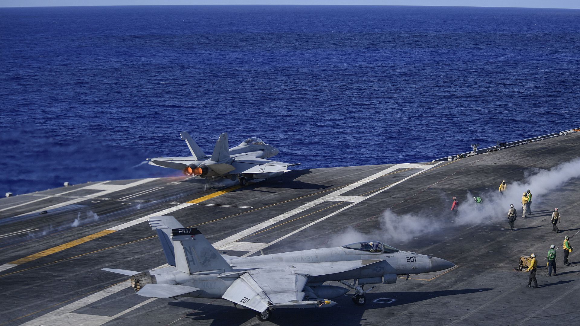 FA 18F Super Hornet Assigned To The Black Knights Of Strike Fighter Squadron 154 Launches From The Flight Deck Of The Aircraft Carrier USS Theodore Roosevelt