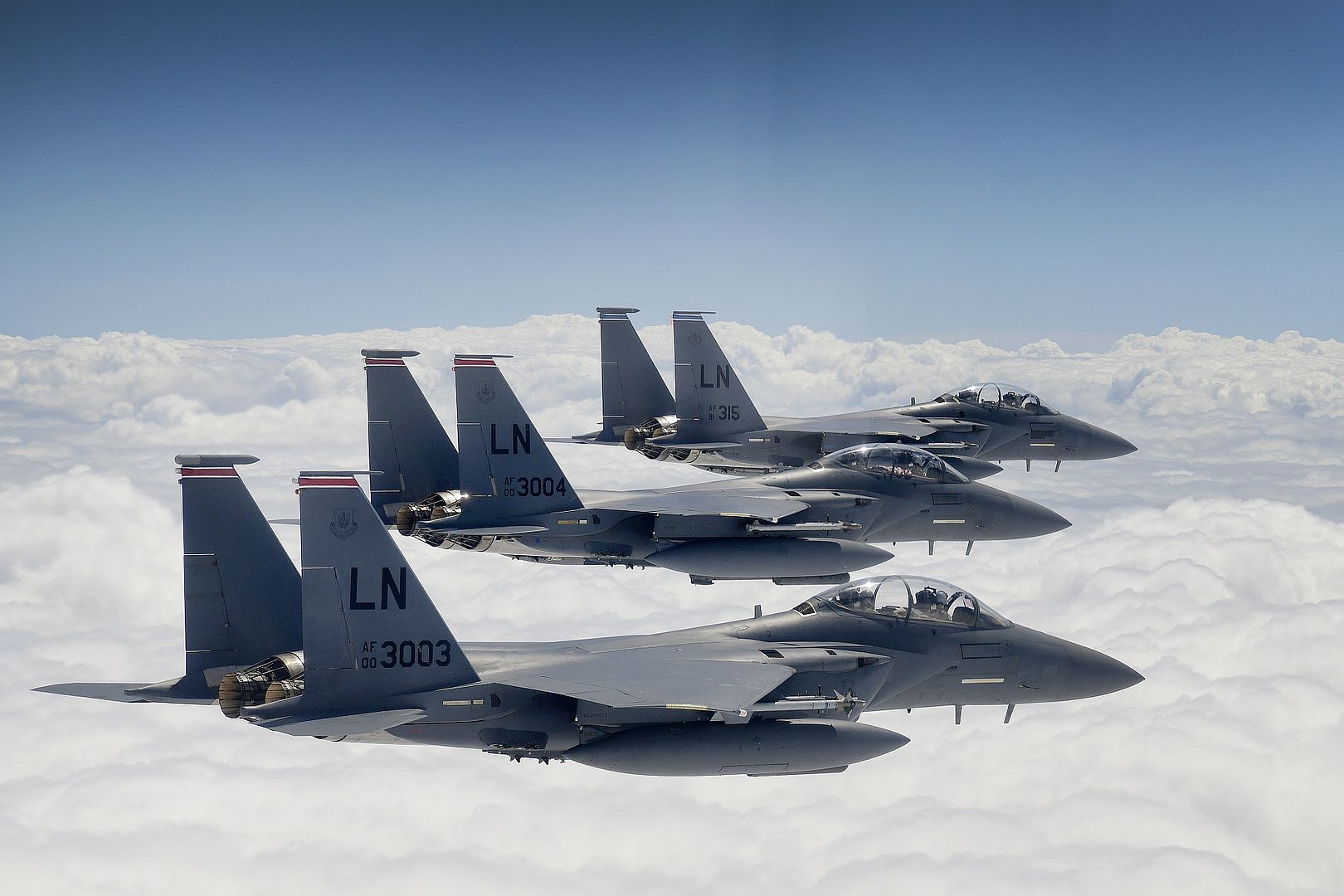 F 15E Strike Eagles Assigned To The 494th Fighter Squadron Conduct Aerial Operations Over East Anglia In Preparation For A Missing Man Formation In Memory Of 1st Lieutenant Kenneth Allen