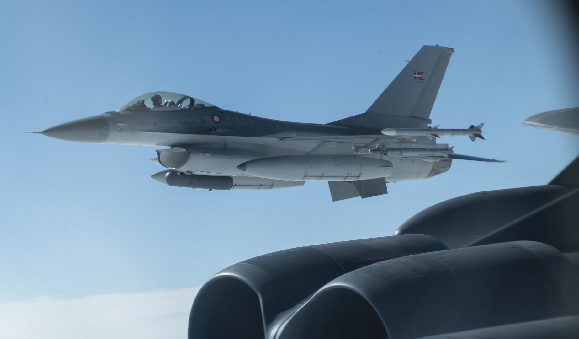 F 16A Fighting Falcon Flies Beside A B 52H Stratofortress