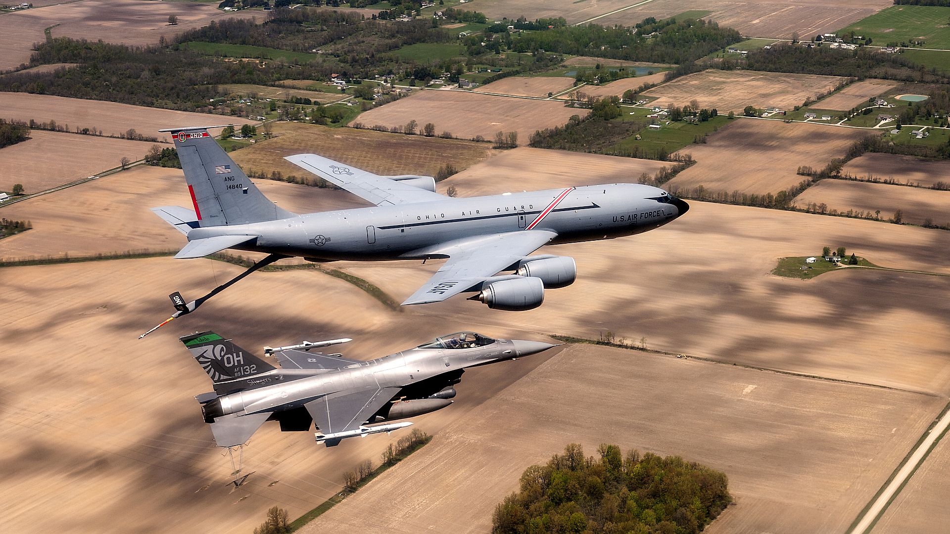 F 16 Fighting Falcons From The 180th Fighter Wing And A KC 135 Stratotanker From The 121st Air Refueling Wing