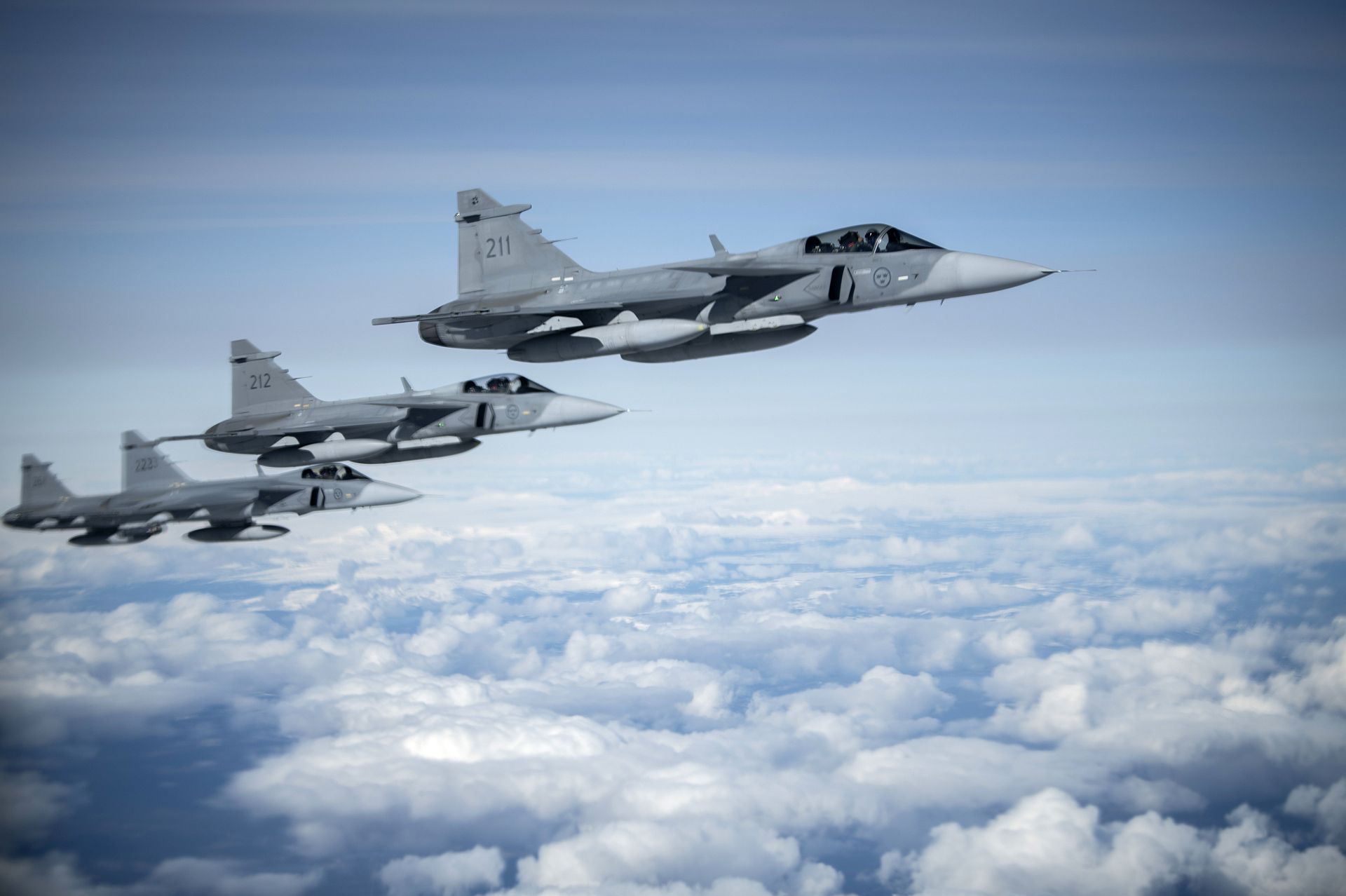 Gripens Fly In Formation During A Bomber Task Force Europe Mission Over Sweden May 20 2020 Gripens Fly In Formation During A Bomber Task Force Europe Mission Over Sweden May 20 2020