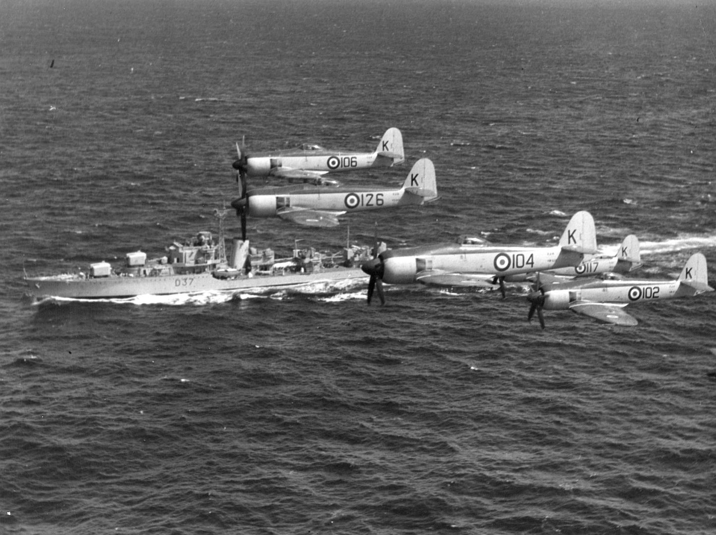 Hawker Sea Fury Aeroplanes Flying In Formation Over A Warship