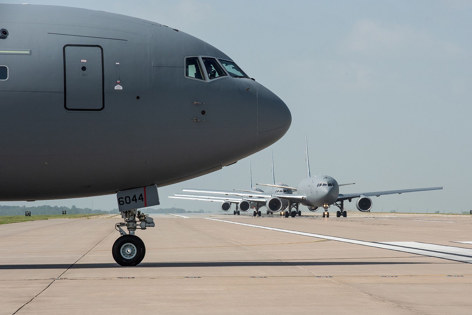 KC 46A Pegasus Pulls Onto The Runway As Three Other Taxi After An Elephant Walk During A Weather Evacuation Exercise July 1 2020