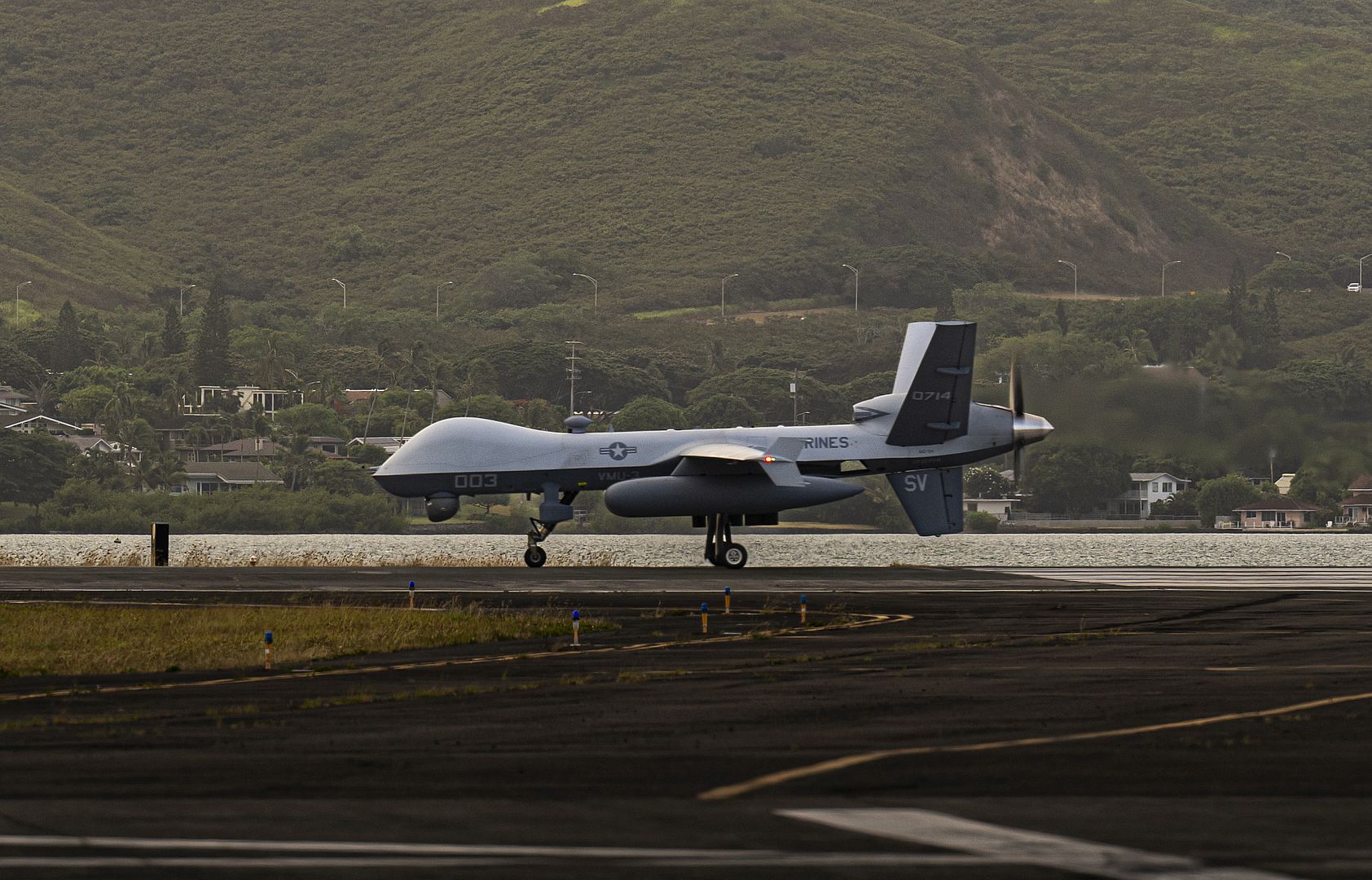 MALE With Marine Unmanned Aerial Vehicle Squadron 3 Marine Aircraft Group 24 1st Marine Aircraft Wing Taxies Into Position For Takeoff In Support Of Exercise Rim Of The Pacific