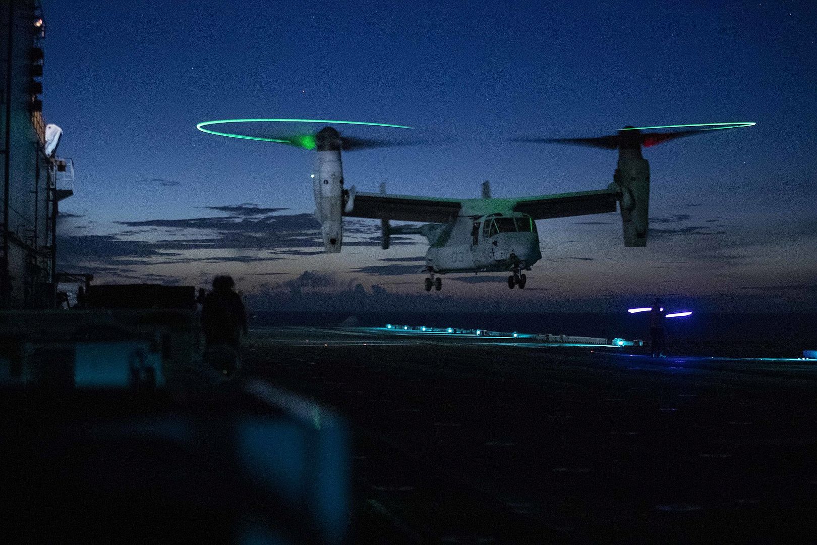 22 Osprey Tiltrotor Aircraft Assigned To Marine Medium Tiltrotor Squadron 262 Takes Off From Amphibious Assault Carrier USS Tripoli