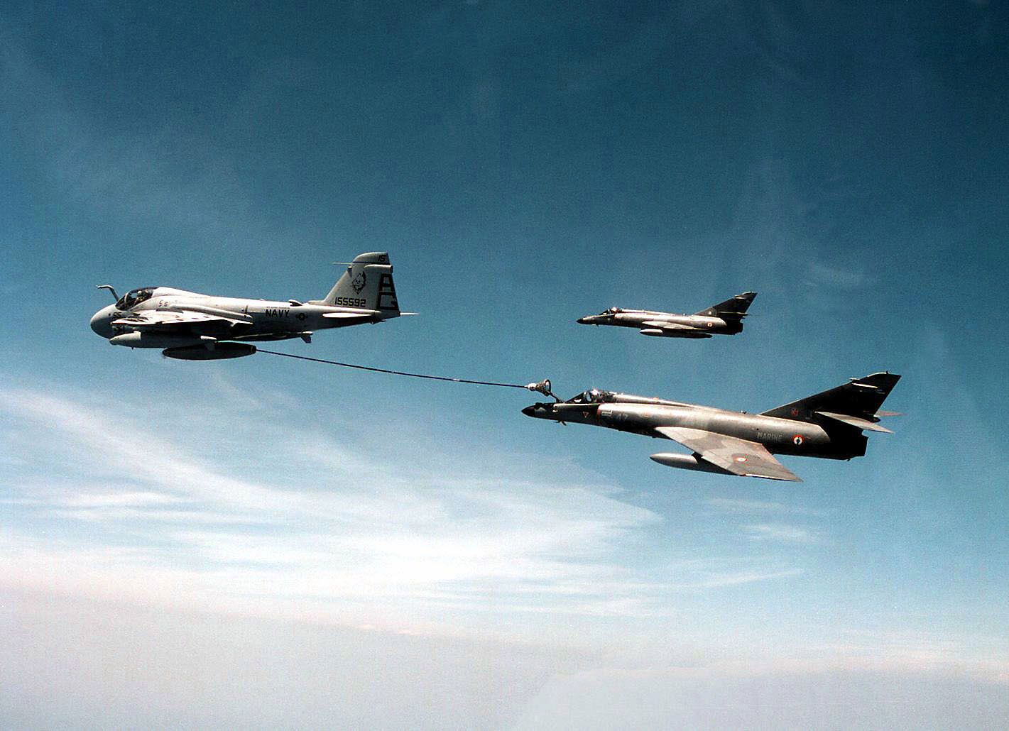 One USN A 6E Intruder VA 34 Blue Blaster Attack Squadron Refuels A French Navy Dassault Super Etendard Fighter Bomber 1