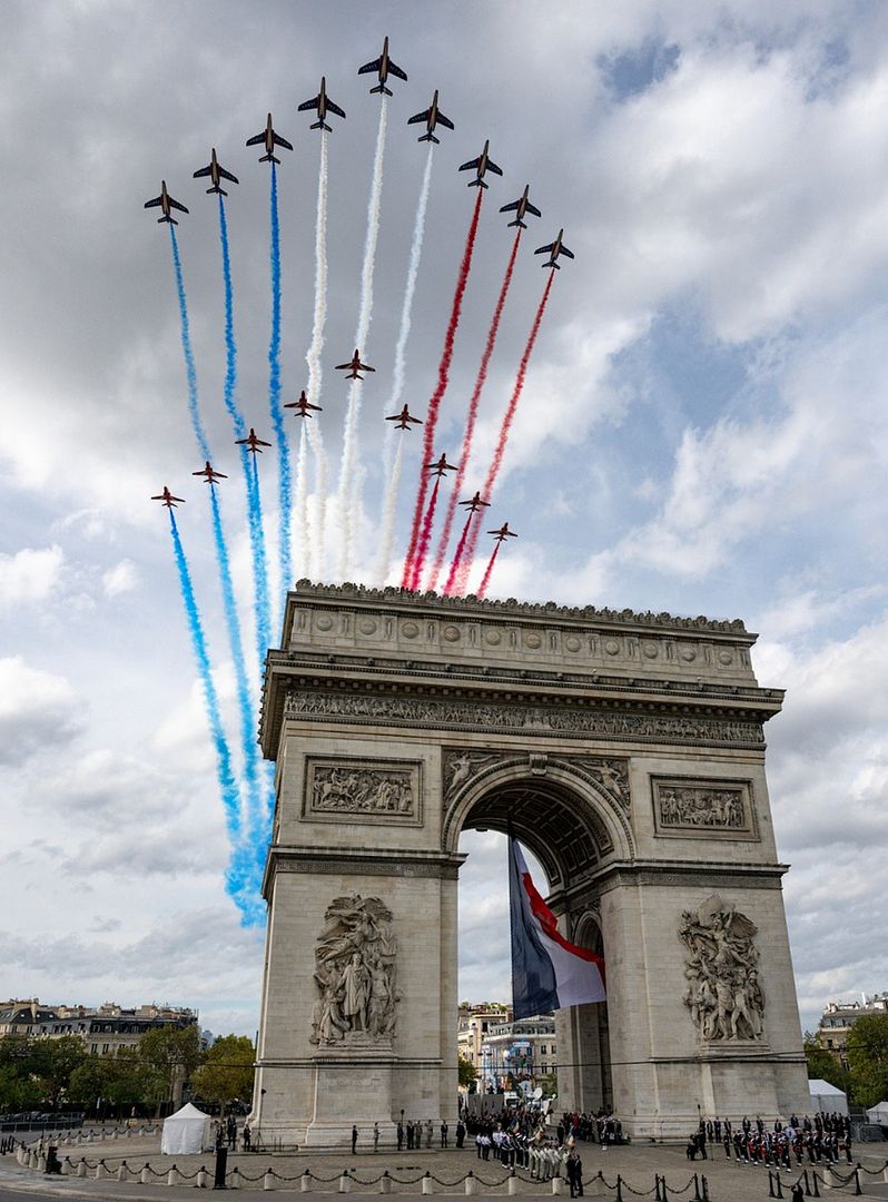 Red Arrows And The French Patrol Flew Over The Arc De Triomphe