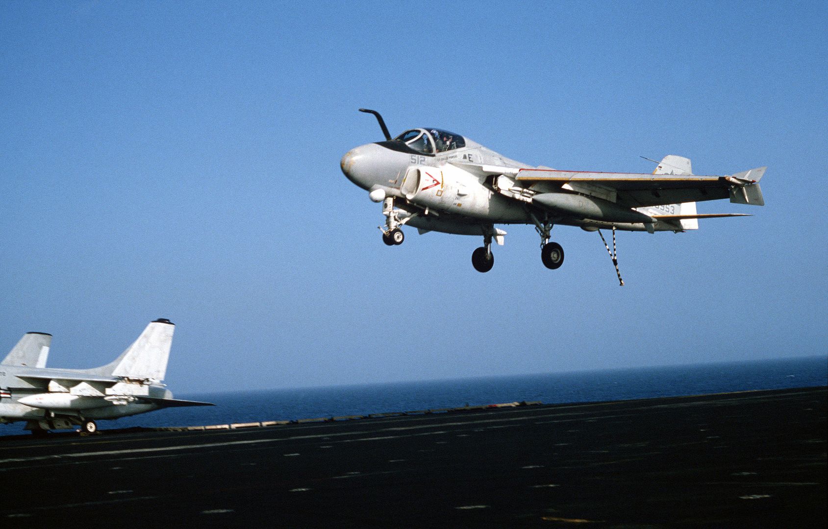 Right Front View Of An A 6 Intruder Aircraft Landing On The Flight Deck Of The Aircraft Carrier USS AMERICA