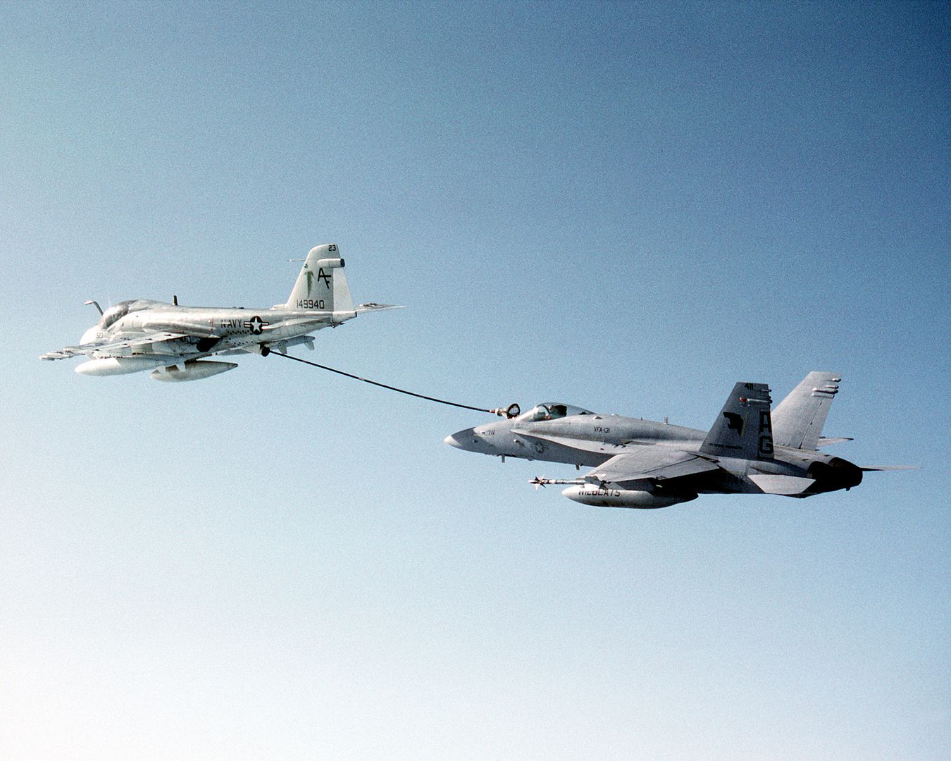 Strike Fighter Squadron 131 FA 18C Hornet Aircraft Refueling From A KA 6D Intruder Aircraft