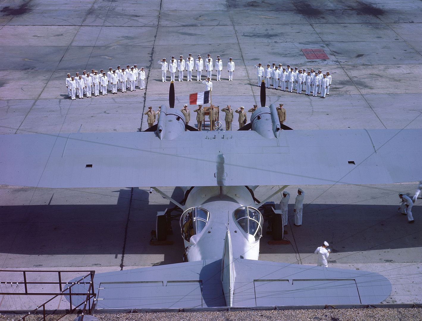 Bellinger USN Stands In Center Of Large Group Of French And American Naval Officers At NAS Norfolk Virginia Bellinger USN Stands In Center Of Large Group Of French And American Naval Officers At NAS Norfolk Virginia