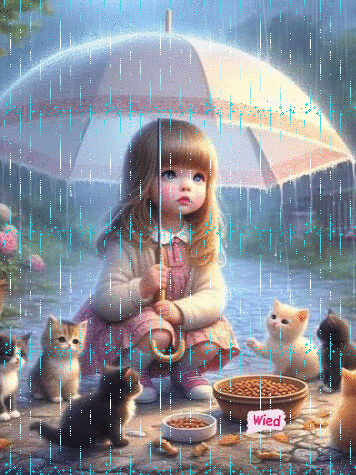Animated girl under umbrella with kittens