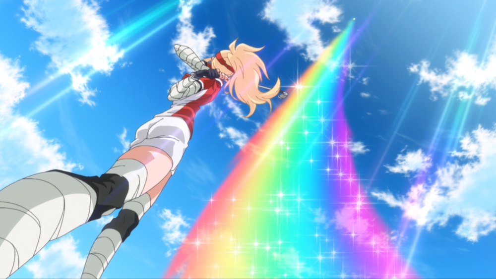 Screenshot from the anime Birdie Wing. A golf ball arcs through the air, leaving a rainbow trail in its wake.