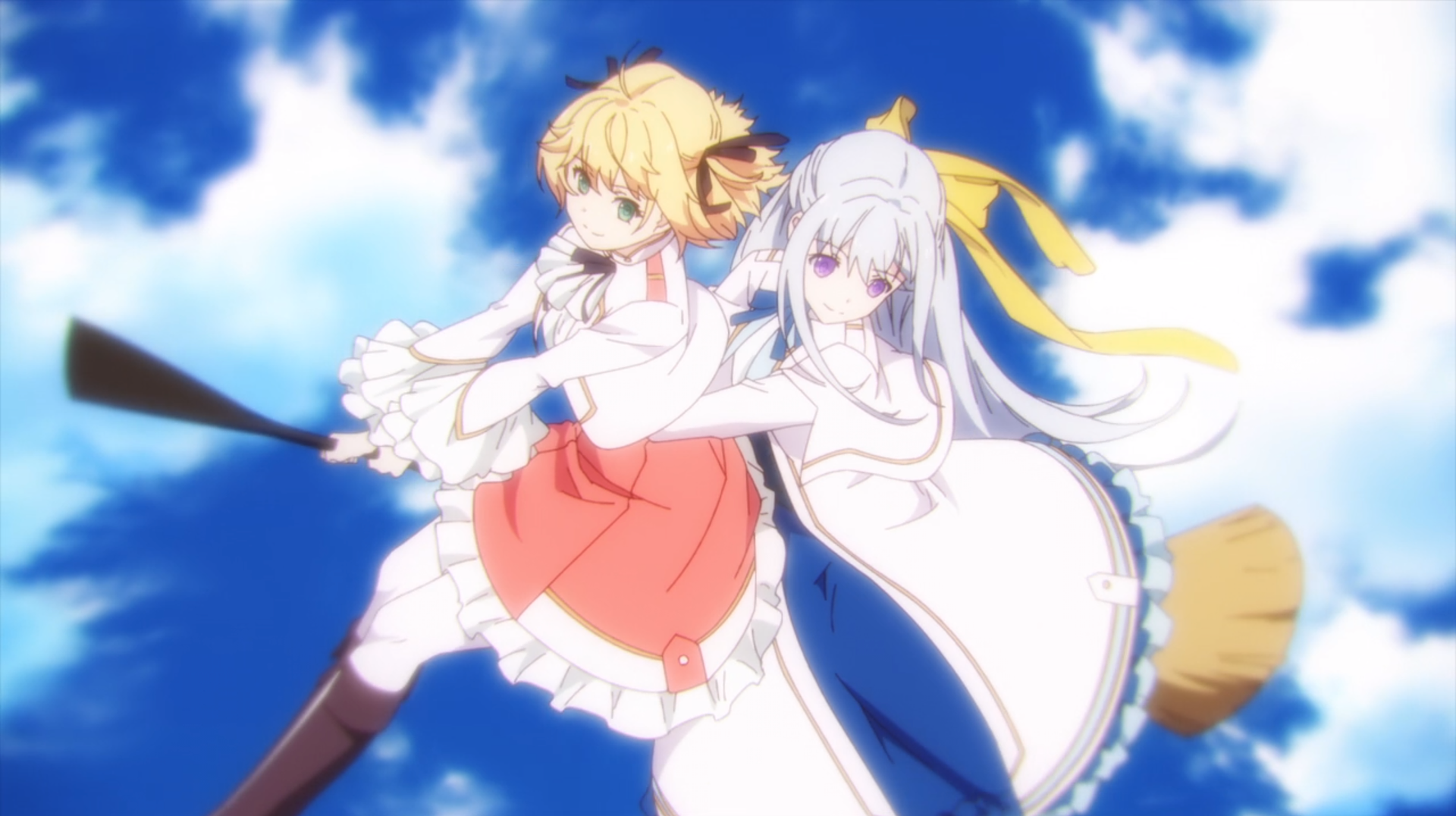 Screenshot from the OP of The Magical Revolution of the Reincarnated Princess and the Genius Young Lady. The two main characters are riding a broom across the sky.