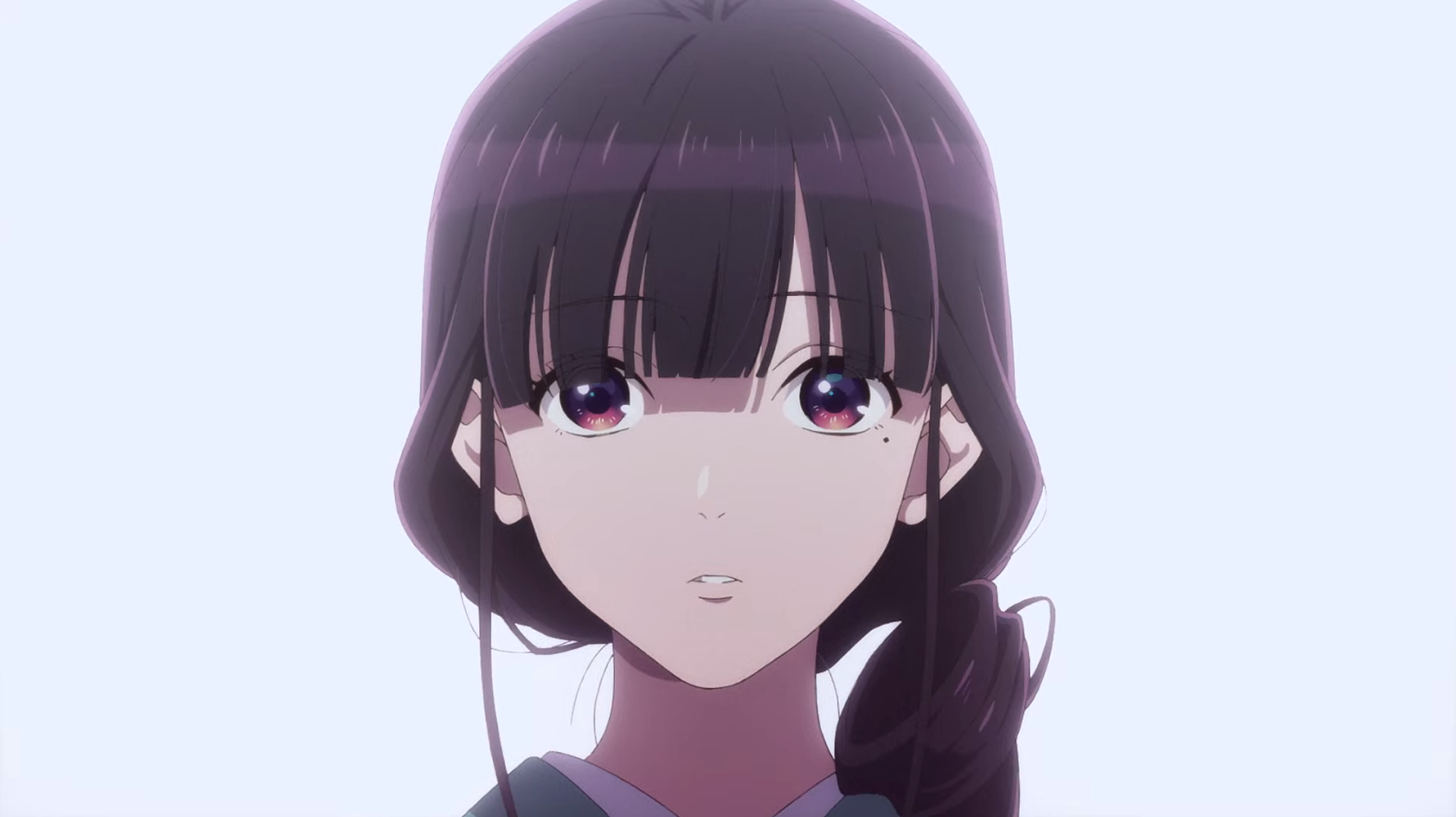Screenshot from the anime My Happy Marriage, showing the main character looking directly at the camera.