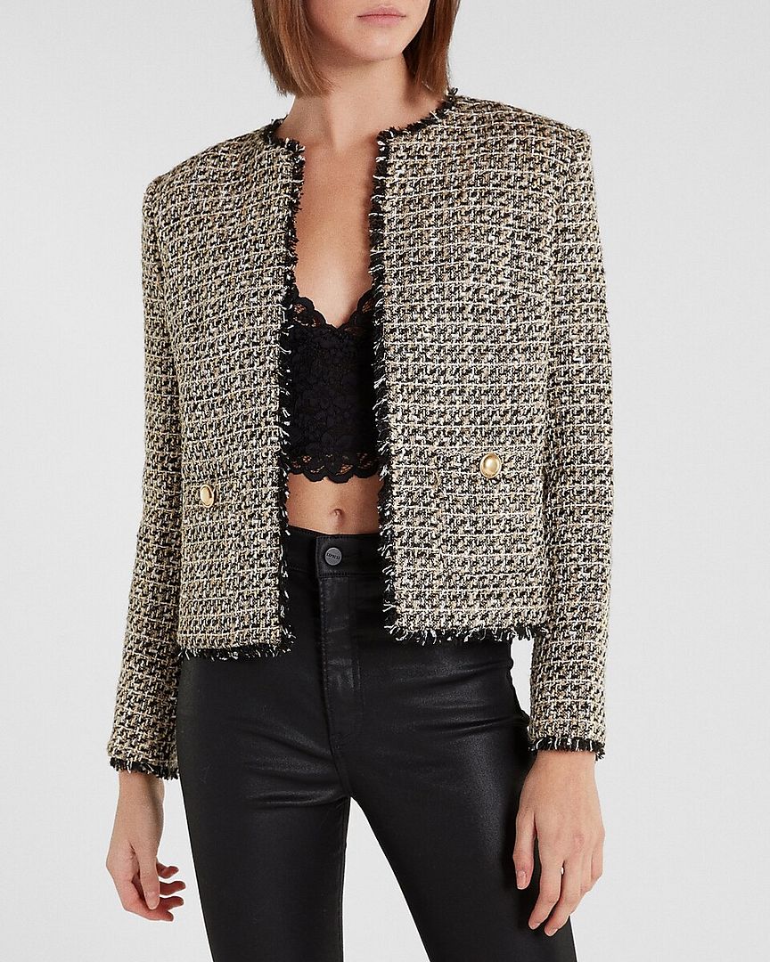 NEW EXPRESS $158 GOLD METALLIC STRONG SHOULDER GOLD BUTTON TWEED