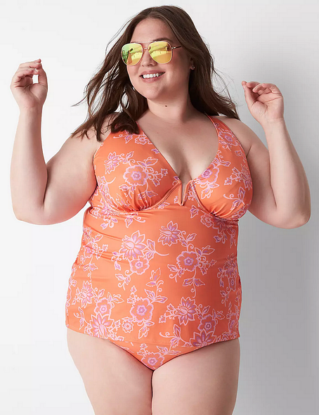 LANE BRYANT CACIQUE SWIM NECTARINE FLORAL UNDERWIRE V-WIRE