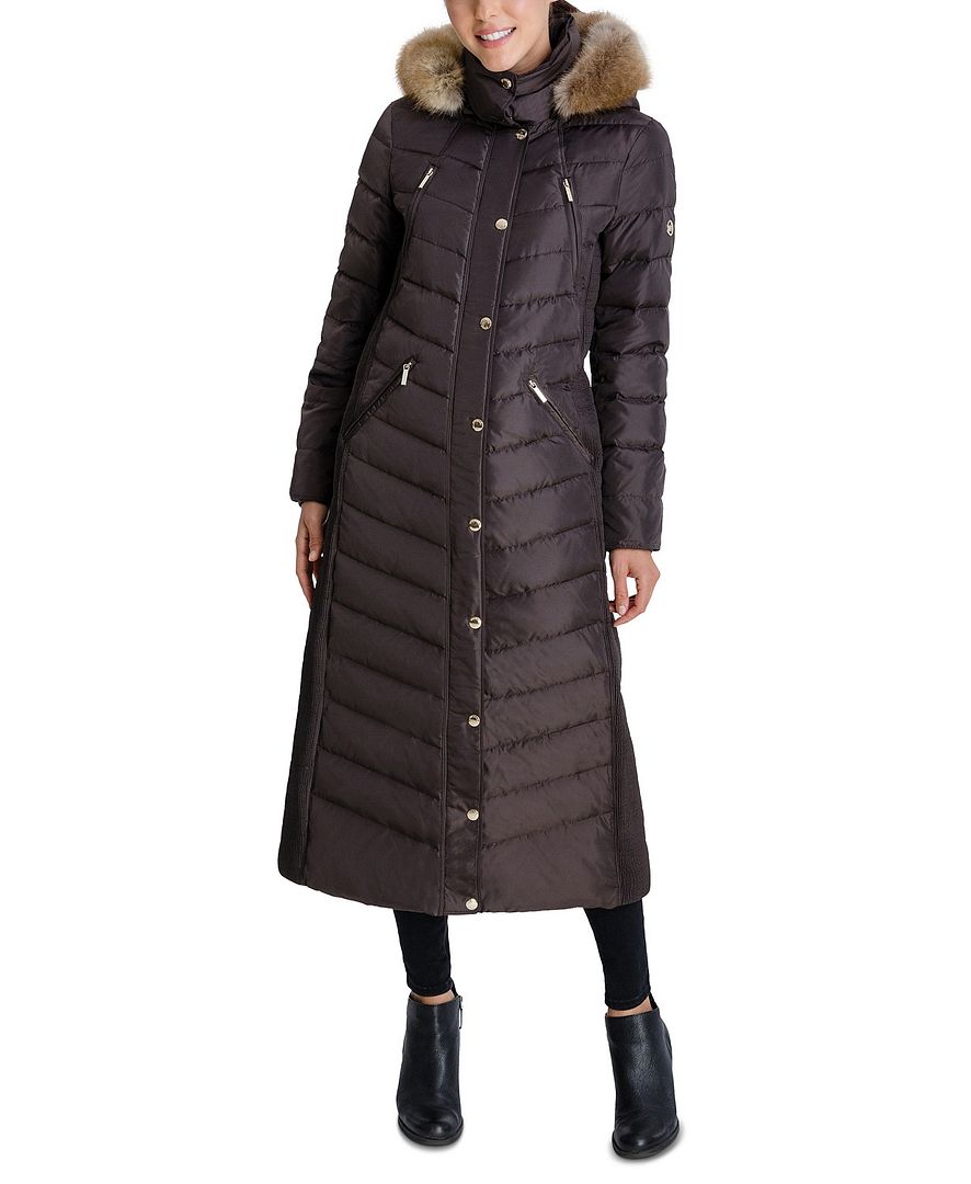 NWT MICHAEL KORS $450 BROWN FAUX FUR TRIM DOWN MAXI PUFFER COAT SZ
