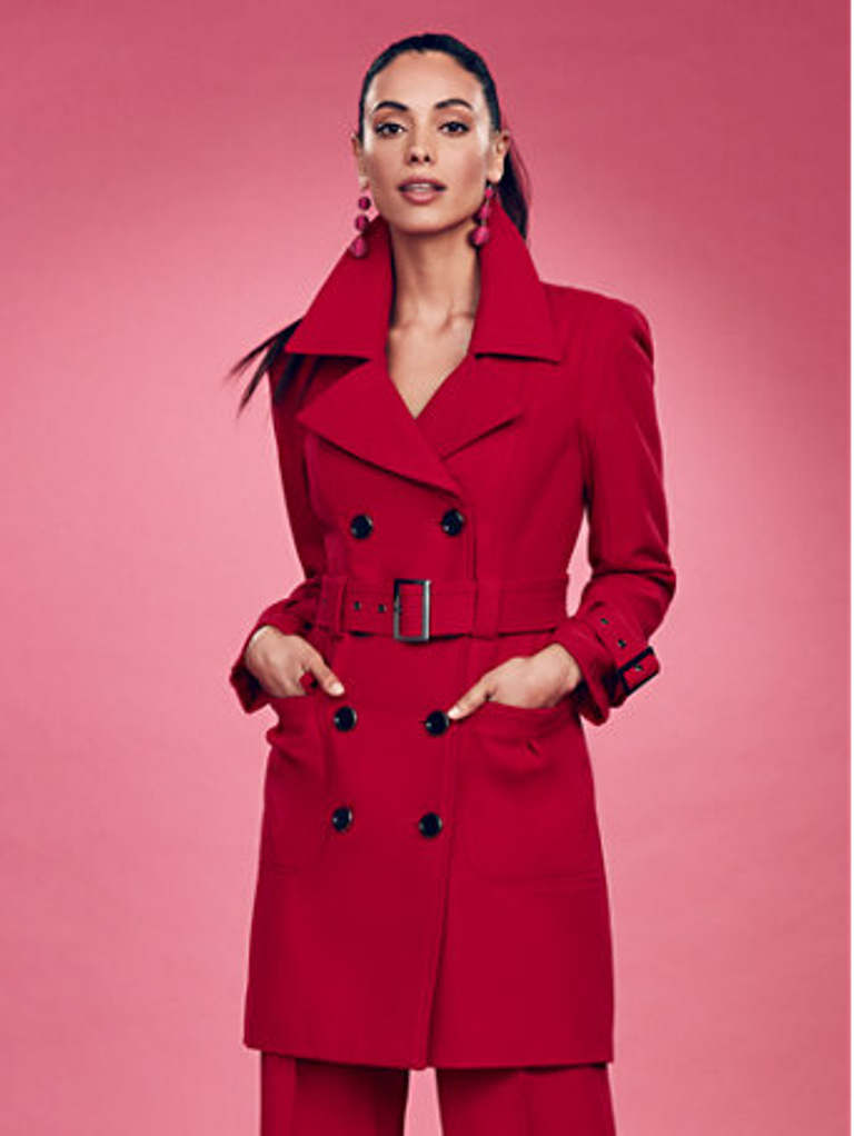 double breasted red trench coat