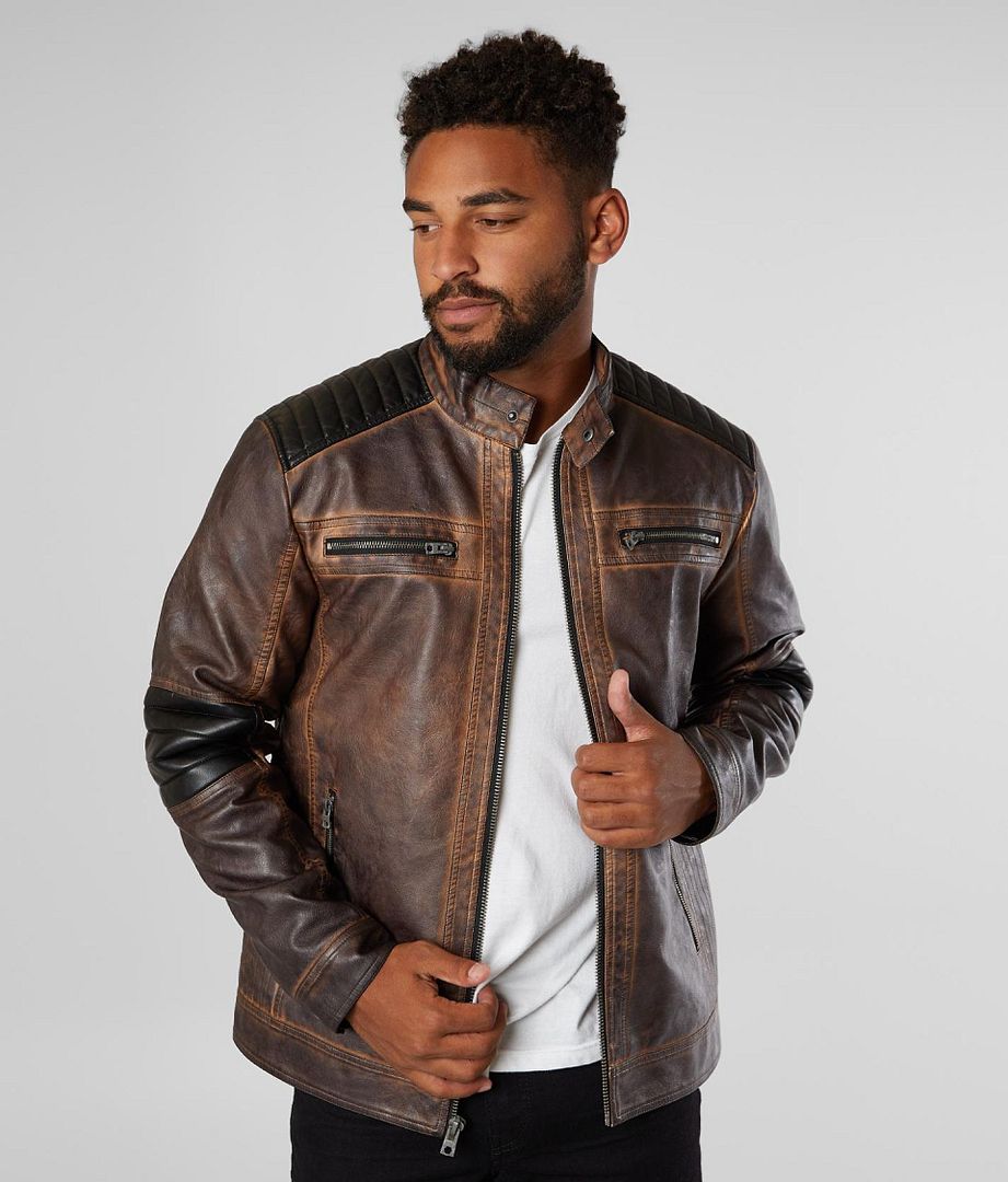 NEW BUCKLE BLACK DISTRESSED FAUX LEATHER SHERPA LINED MOTO JACKET